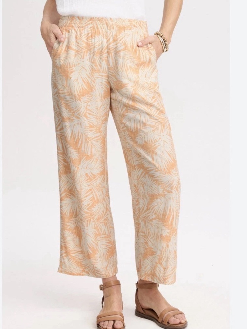 J.Jill Tropical Palm Print Linen Blend Pull On Pants Medium Pale Orange